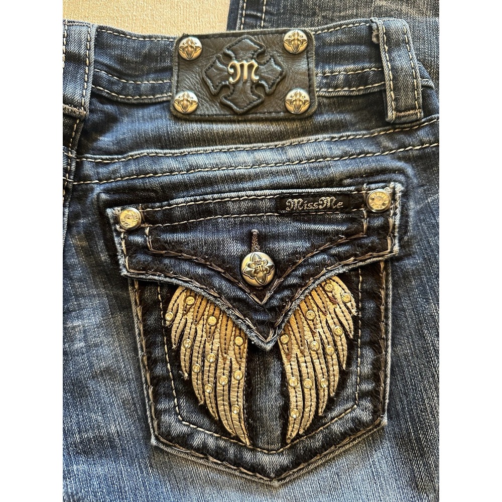 Miss Me Jeans Sz 30 Skinny Wing Rhinestone Bling Low Rise Medium‎ Wash - Picture 2 of 10